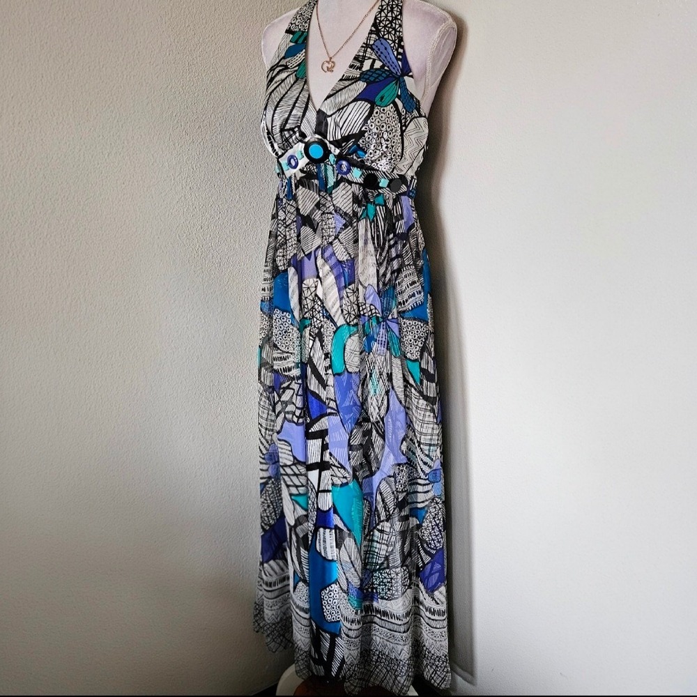 Signature by Robbie Bee Silk Halter Maxi Dress Blue Abstract Floral